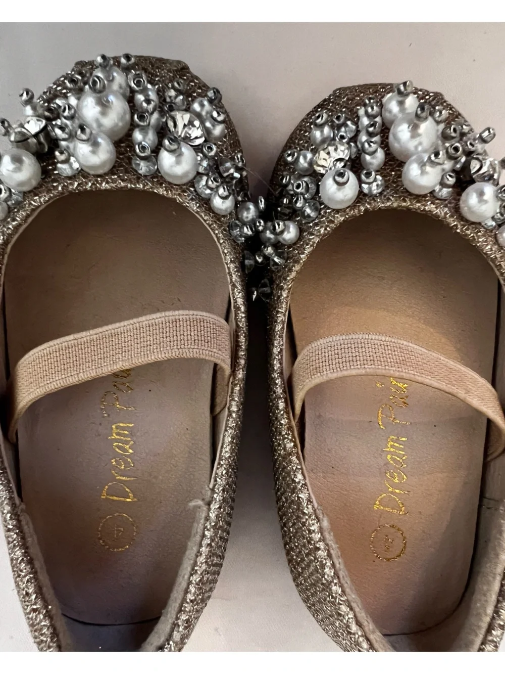 Dream Pairs Gold Glitter Pearl & Crystal Embellished Ballet Flats